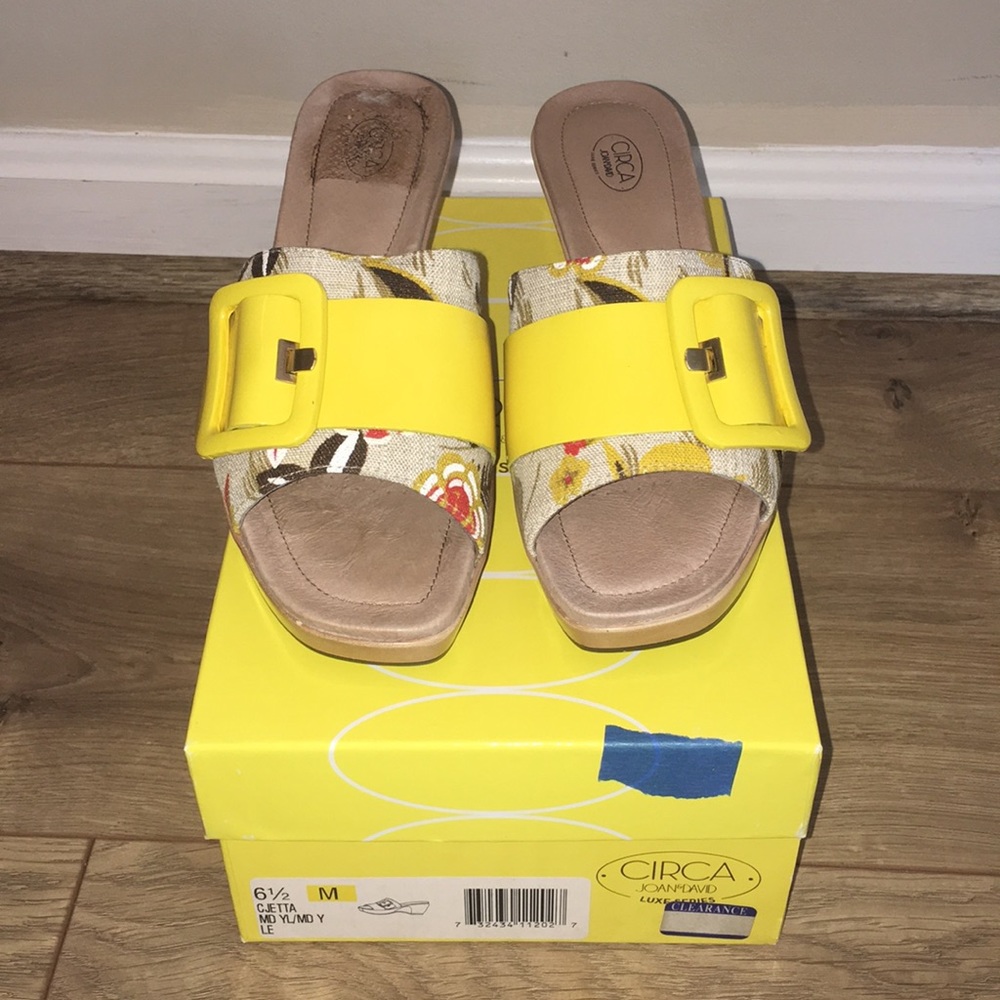 Yellow & Tan floral print buckle sandal wedge